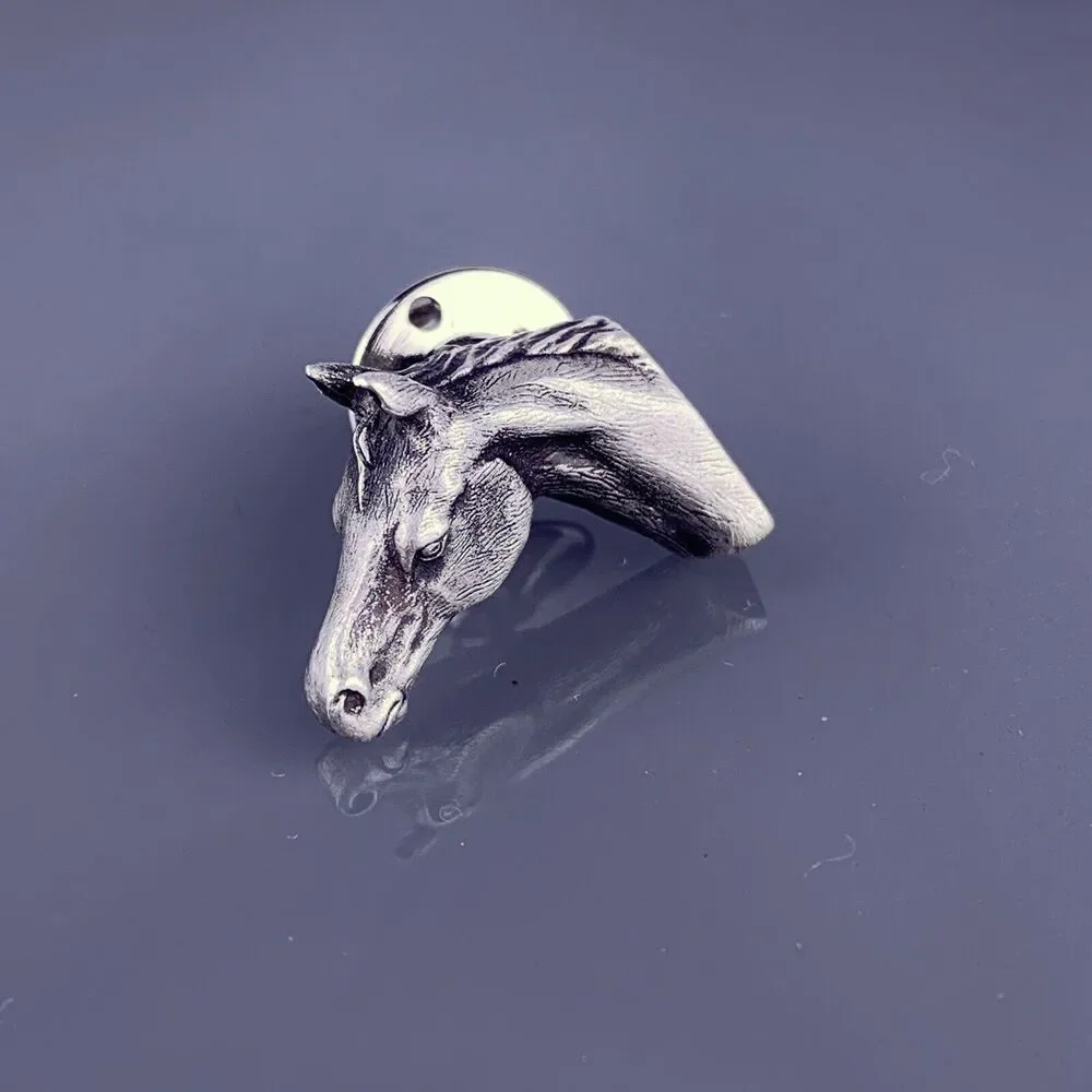 Horse Head Tie Tack Pin Silver Tone Pewter Equestrian Racing Western Vintage